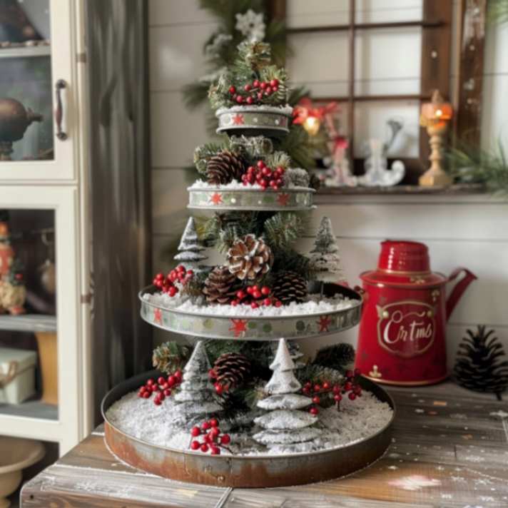 Farmhouse-style galvanized tiered tray Christmas decorated