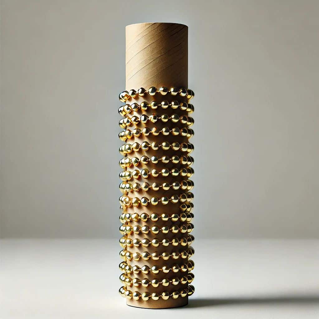 A cardboard roll wrapped with gold Christmas beads, coiled neatly to create an organized and tidy appearance.