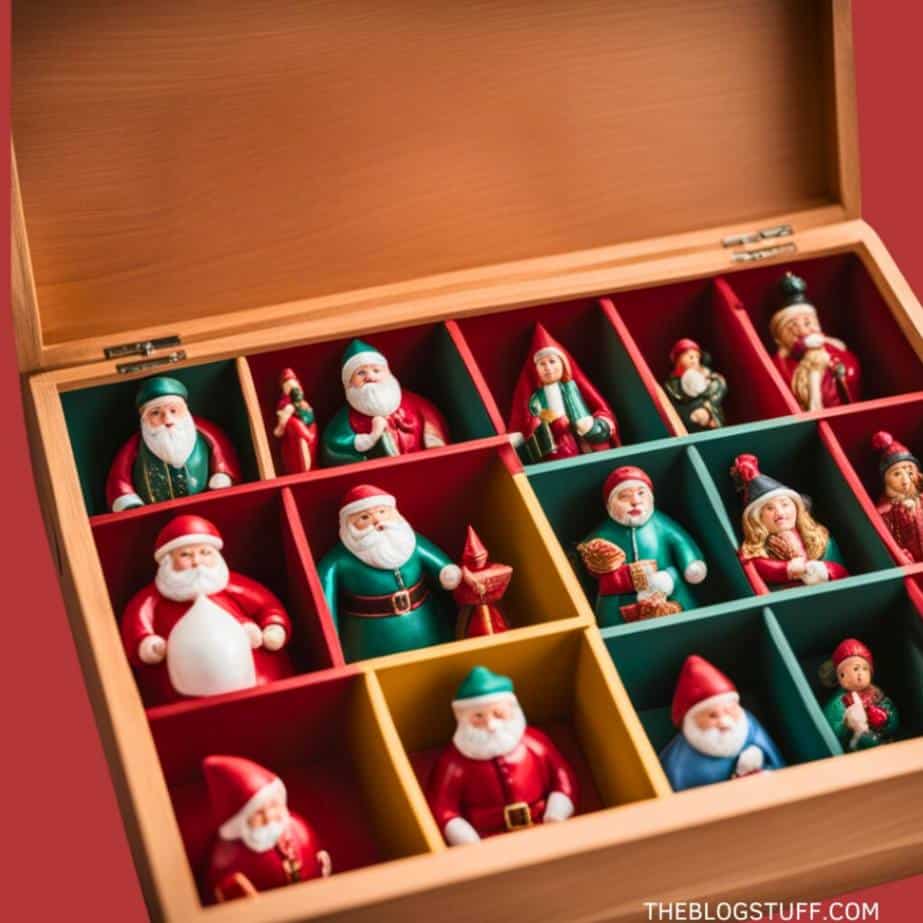 A wooden storage box with compartments holding various Christmas figurines, including Santa Clauses and carolers, neatly organized for safe keeping.