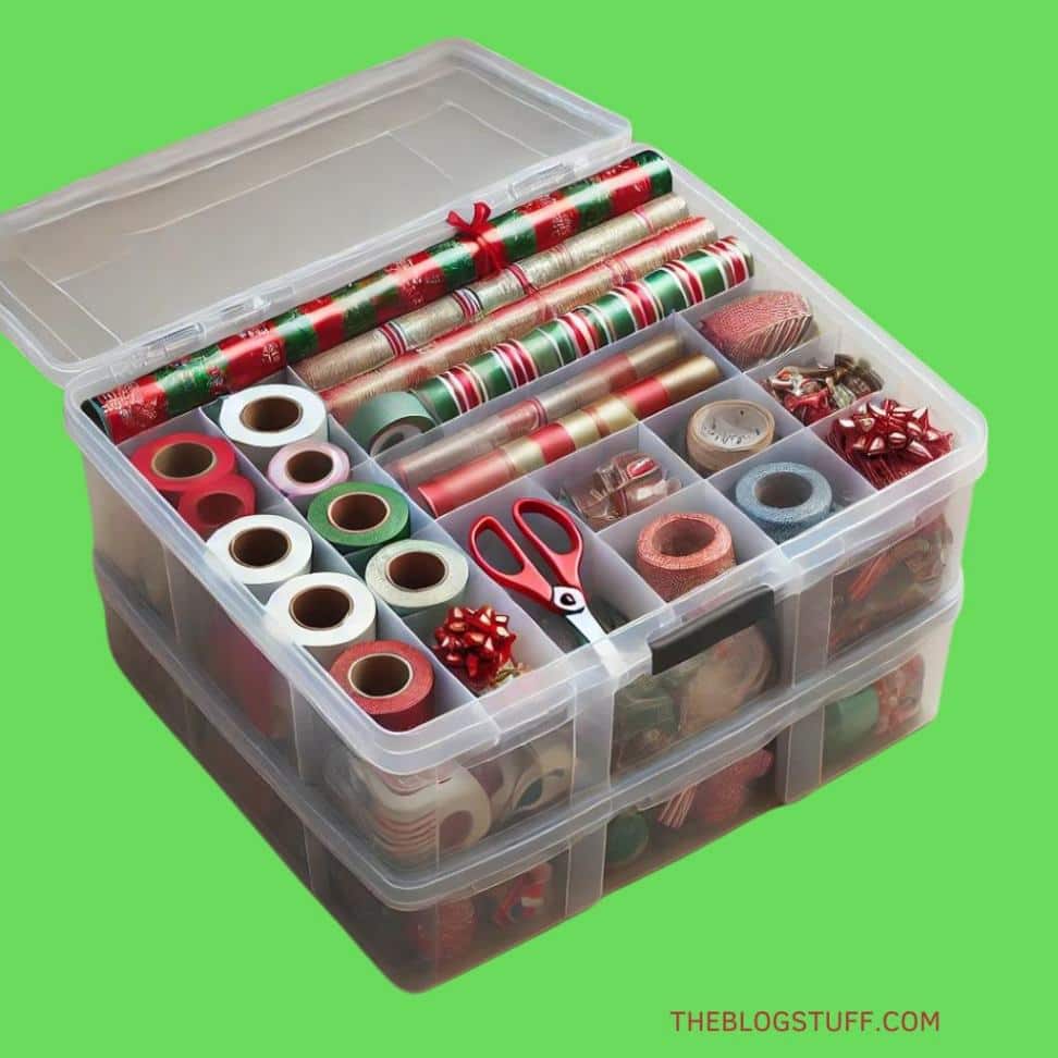 Clear plastic storage container with various Christmas wrapping papers, ribbons, scissors, and tape neatly organized for easy access and storage.