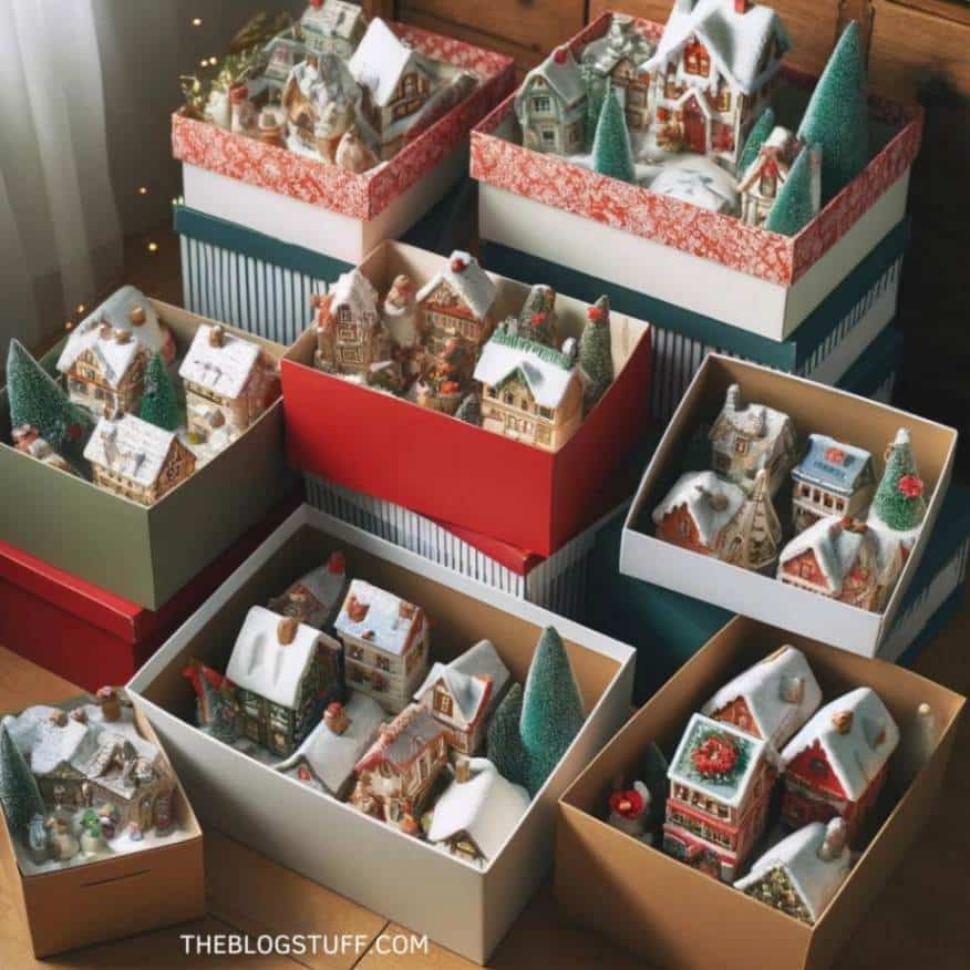 Christmas village houses neatly stored in shoeboxes, showcasing an organized and festive way to keep delicate decorations safe.