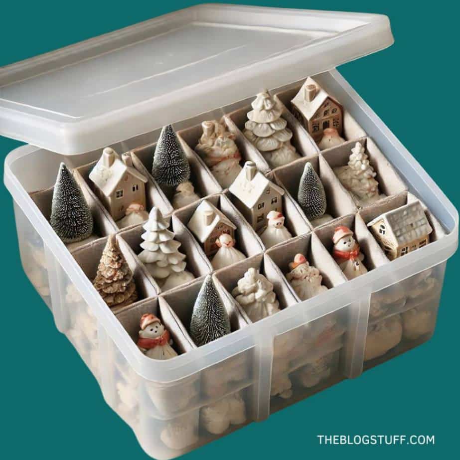 Clear plastic storage container with compartments holding various porcelain Christmas figurines, including trees, houses, and snowmen.