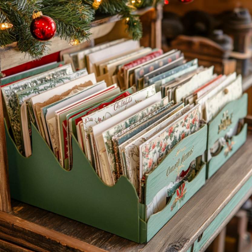 Christmas cards neatly organized in green file holders, showing an easy and festive way to store and display holiday cards.