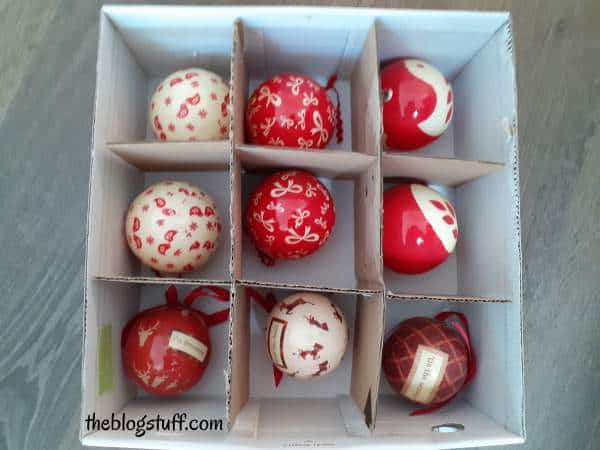 DIY carboard dividers in box to organize Christmas tree ornaments