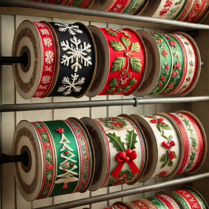 Christmas ribbons neatly organized on rods, showcasing various festive designs in red, green, and gold.