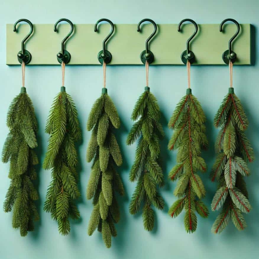 Christmas garlands neatly hanging from hooks against a vibrant light blue background, showcasing an organized storage solution for holiday decorations.