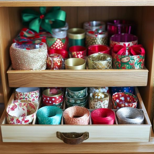 A set of wooden drawers filled with various Christmas ribbons. The top drawer holds wide ribbons in festive colors, while the bottom drawer has smaller, thinner ribbons organized by color and pattern.