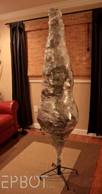 Christmas tree wrapped with cling film