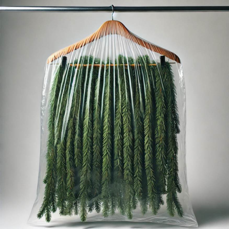 A clothes hanger with long, thin strips of green Christmas garland, evenly spaced and covered with a clear plastic garment bag for protection and easy storage