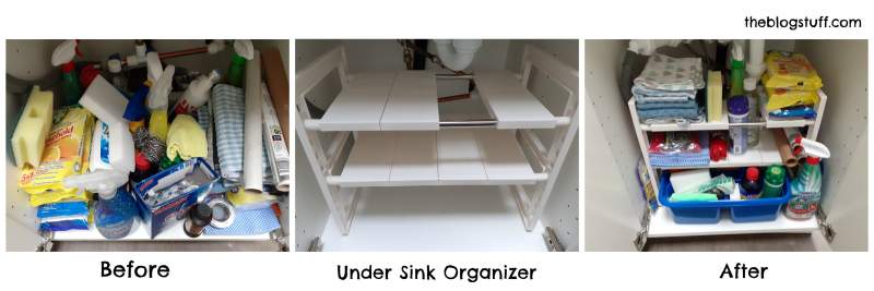 Before and after under the sink cabinet organizer