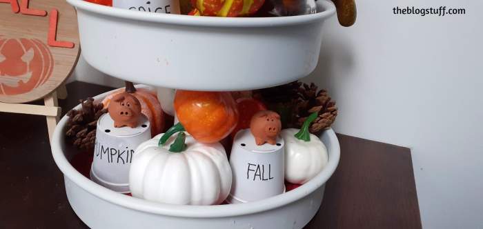 DIY white tiered tray fall decor