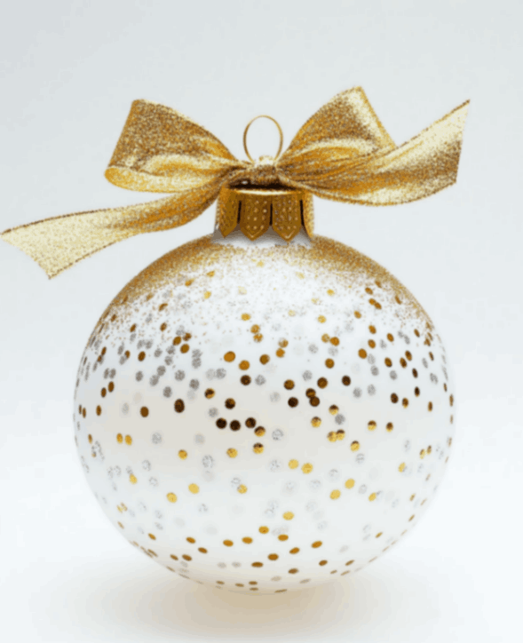 Glitter dotted Christmas ball ornament with a cute gold ribbon at the top