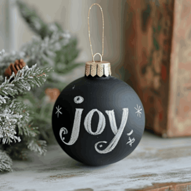 Chalkboard black paint Christmas bauble with the word "JOY" written with white chalk