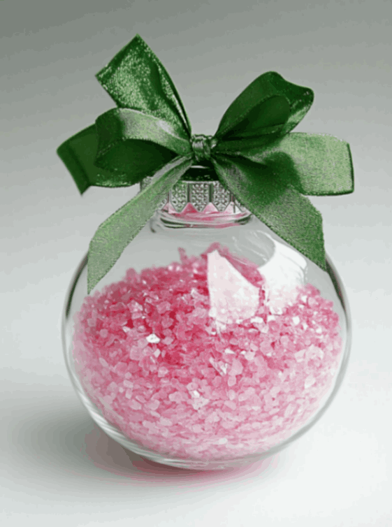 Clear Christmas bauble filled with pink decorative crystals and topped with a green ribbon, creating a festive and elegant holiday ornament.