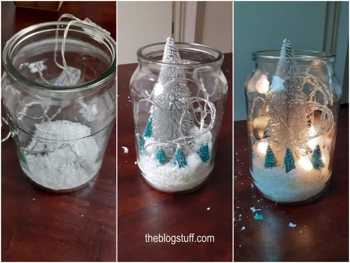 Mason jars with lights, faux snow, and Christmas trees