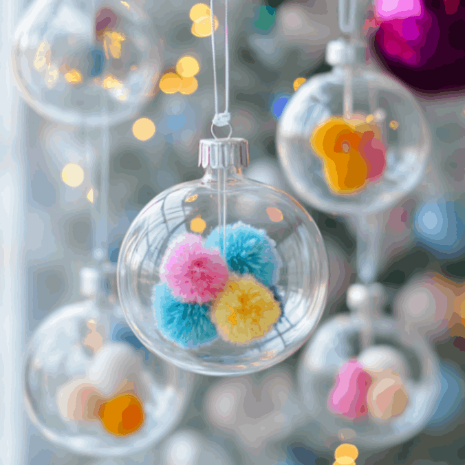 Clear plastic Christmas bauble filled with colorful store-bought pompoms, hanging on a festive tree with lights in the background.