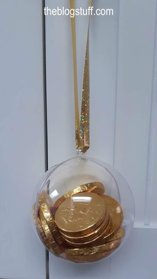 DIY Christmas bauble filled with chocolate coins