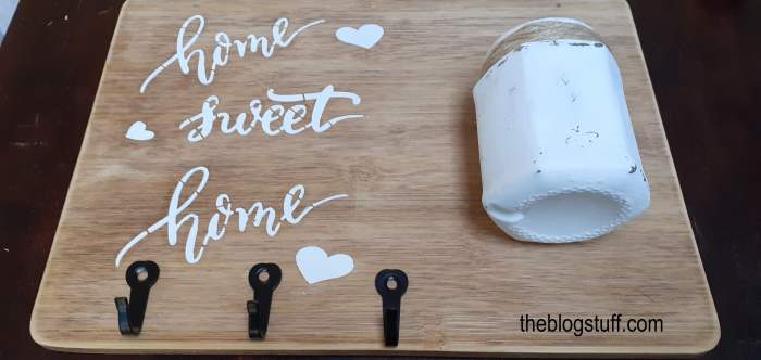 DIY wood sign with glass jar and key hooks