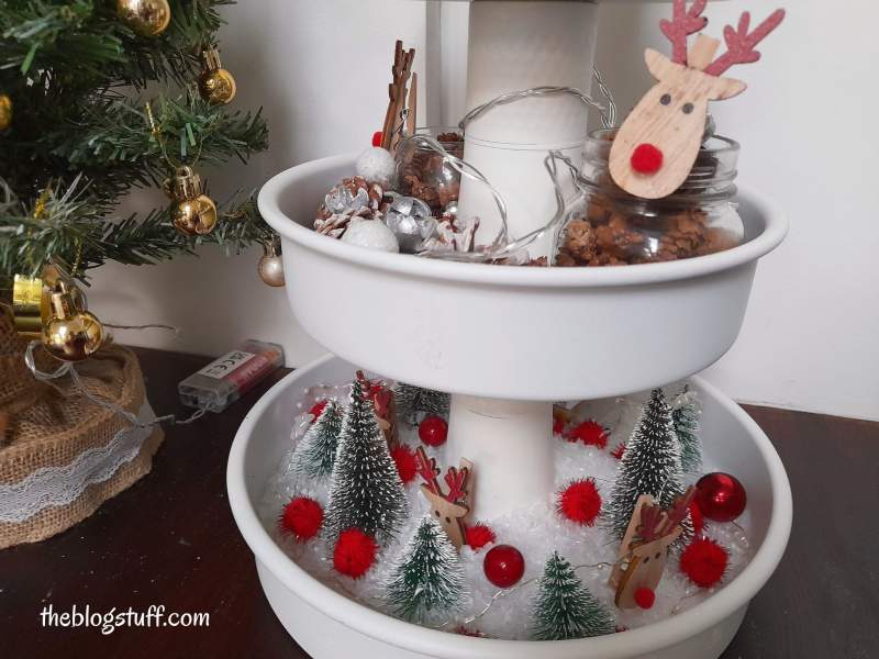 Decorated tiered tray Christmas ornaments