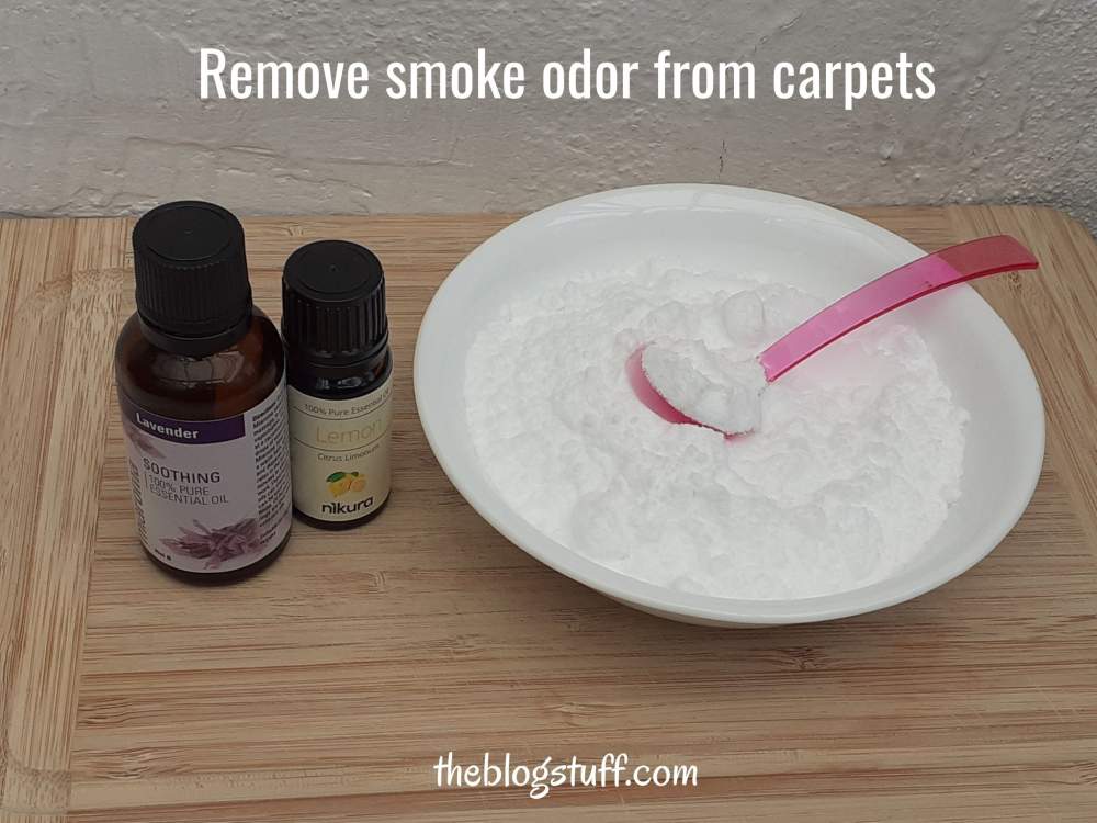 DIY recipe with baking soda and essential oils on a wooden surface