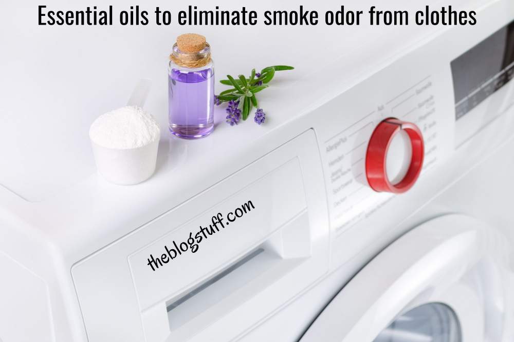 Washing machine with a bottle of lavender essential oil and scoop of detergent