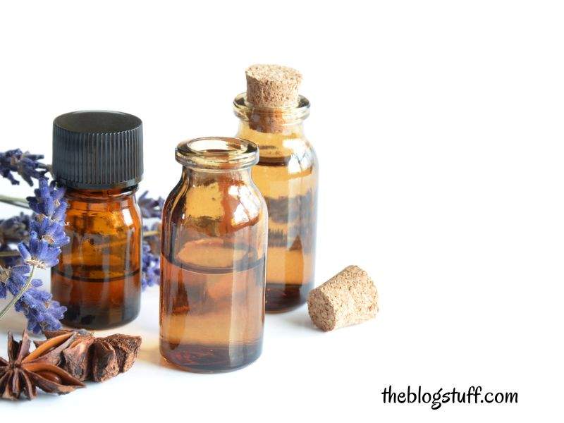 Essential oil bottles, lavender springs, cork