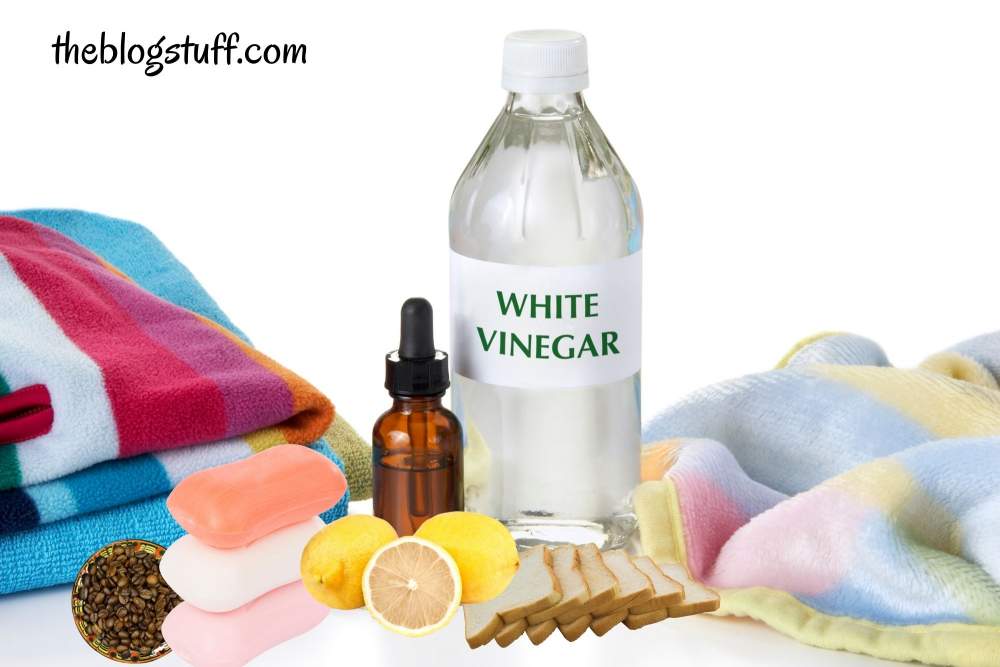 White vinegar, soap bars, lemons, bread slices, and linen