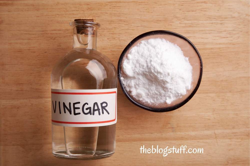 A bowl of baking soda and a bottle of vinegar