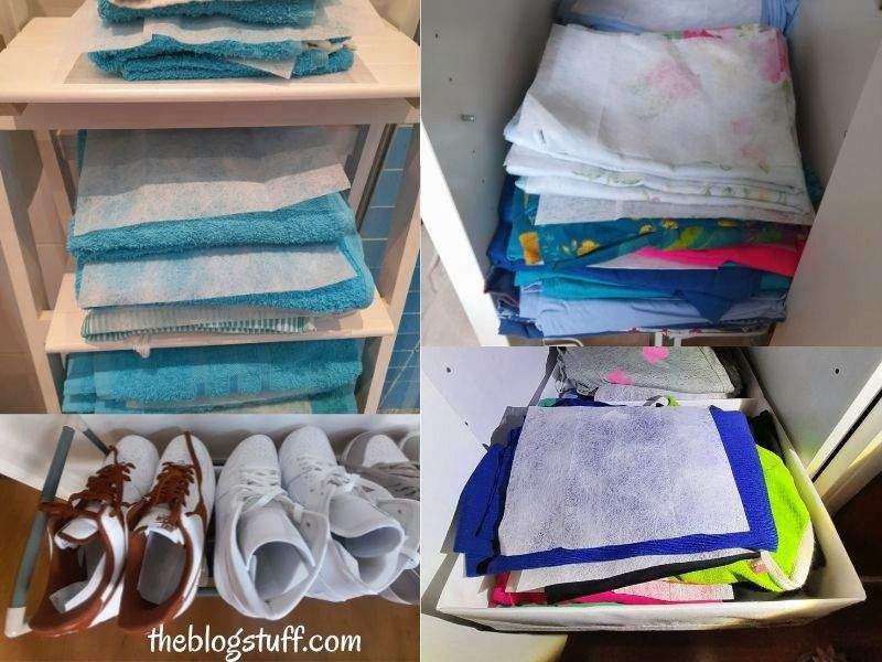 Dryer sheets placed in towels, linens, and shoes