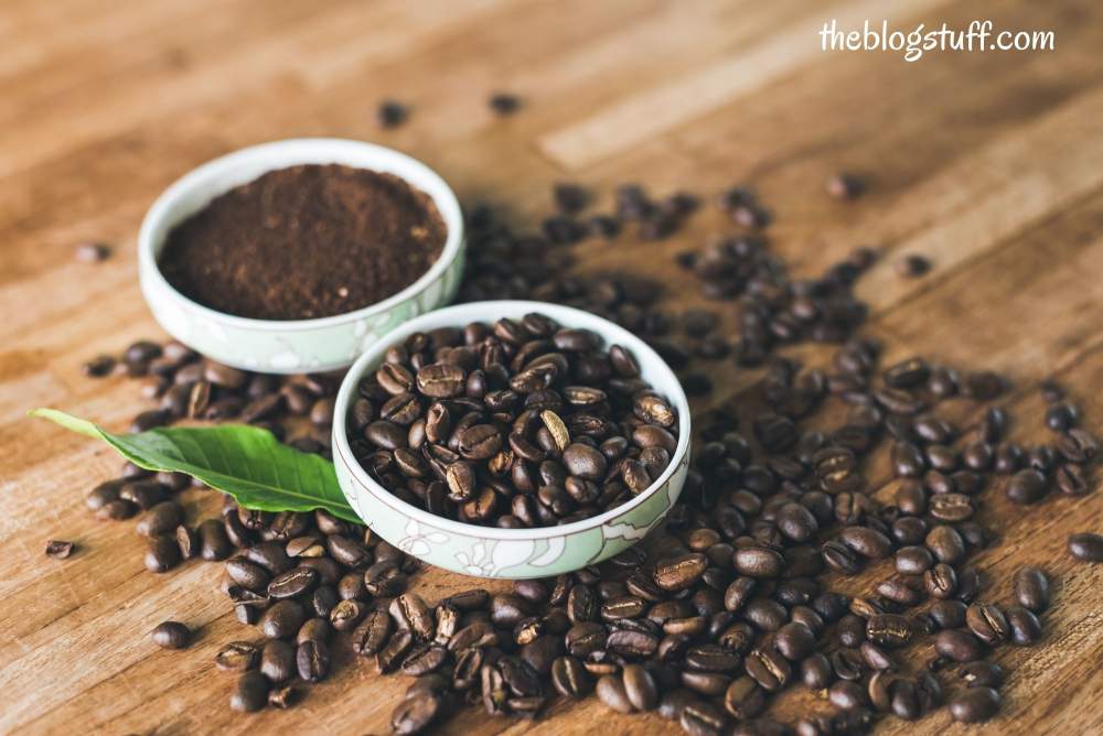 Coffee grounds and coffee beans in containers