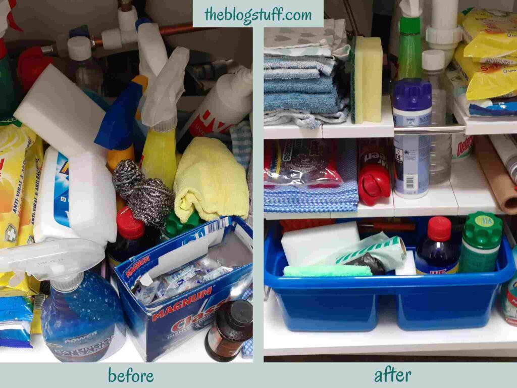 Before and after under sink kitchen organization