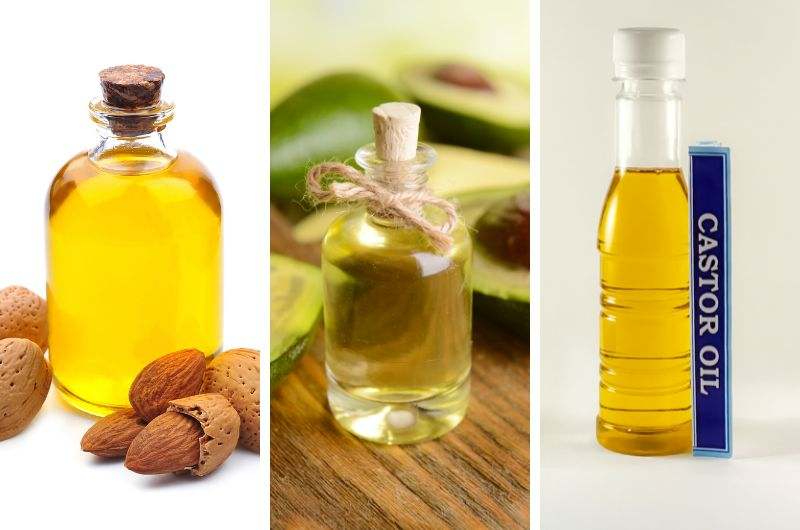 A bottle of almond oil, a bottle of avocado oil, and a bottle of castor oil