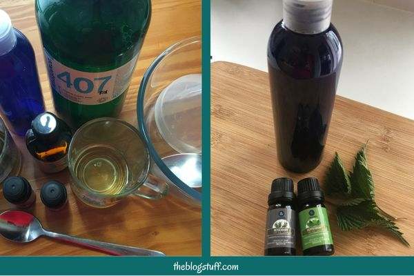 DIY nettle shampoo ingredients and bottle with essential oils