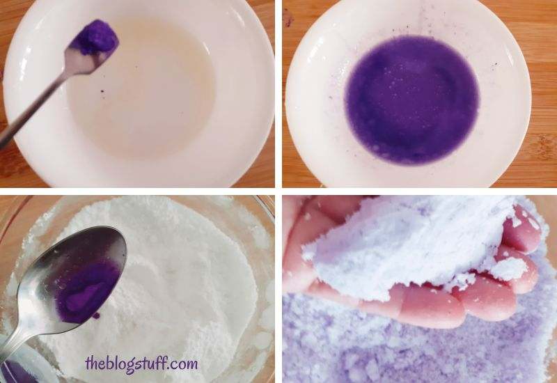 Adding purple colorant and making bath bombs with hands