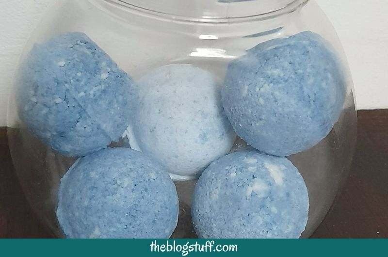 Blue DIY toilet bombs in a jar