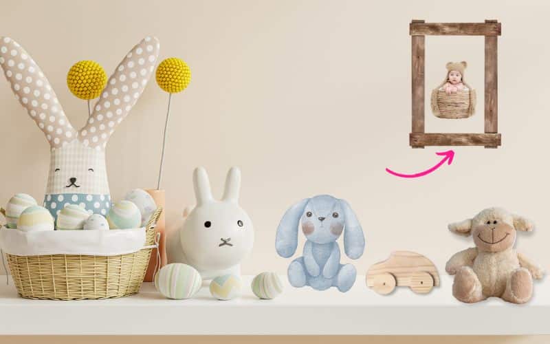 Baby nursery with toys and DIY wooden frame