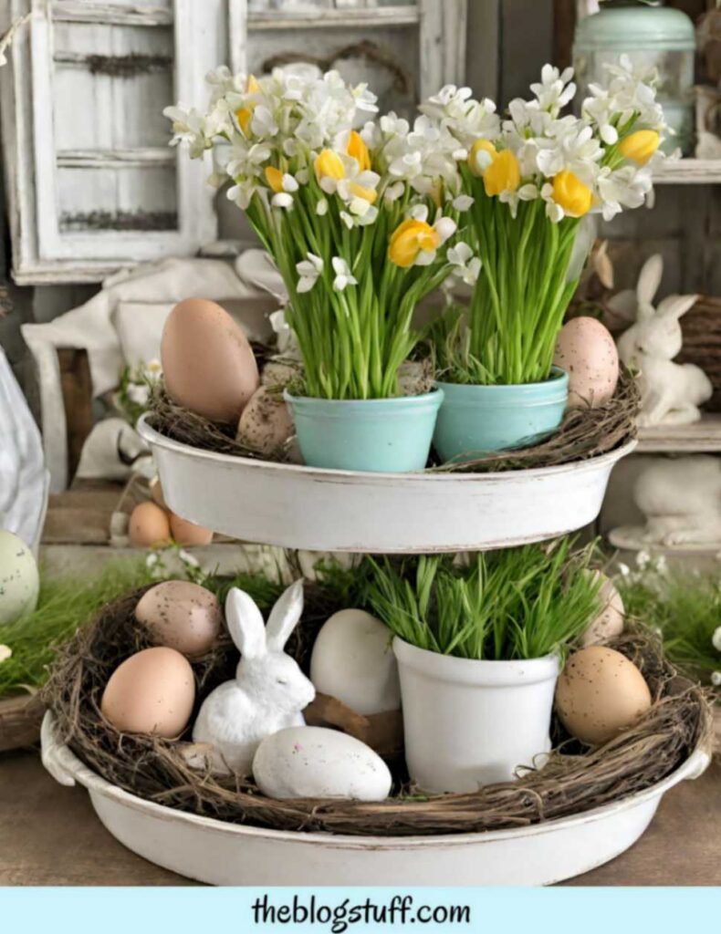 2 tier Easter eggs bunny flowers decor