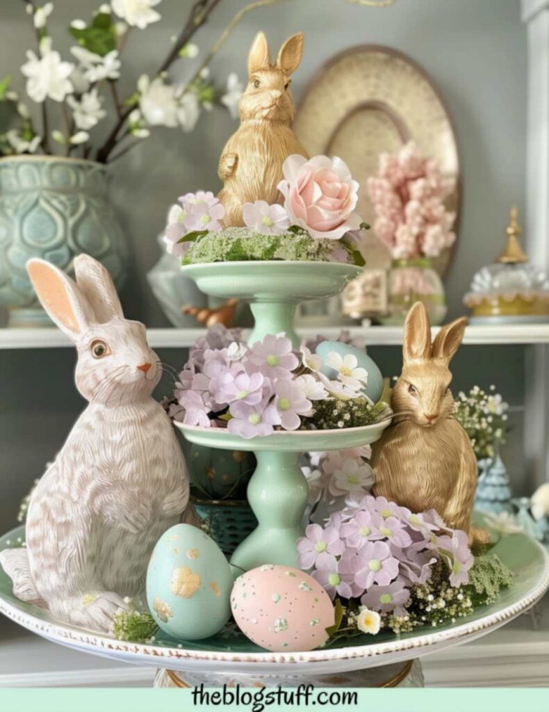 3 tier Easter decor tray bunny eggs