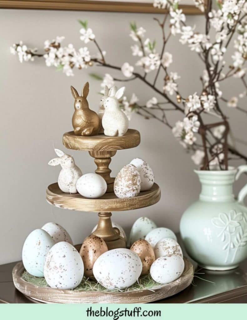 3 tier golden tray with Easter eggs