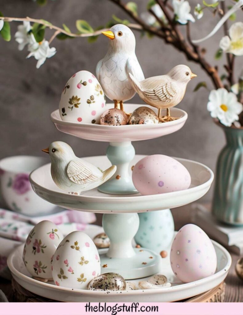 3 tier tray birds eggs Easter decor