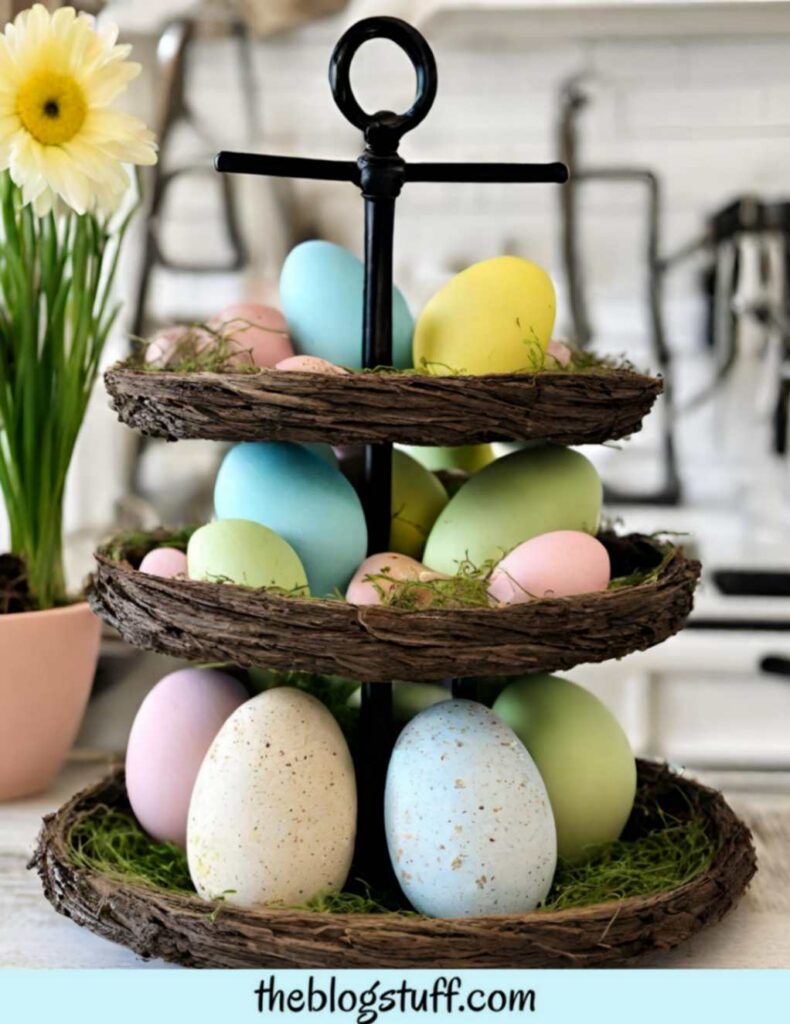 3 tier wicker tray Easter eggs