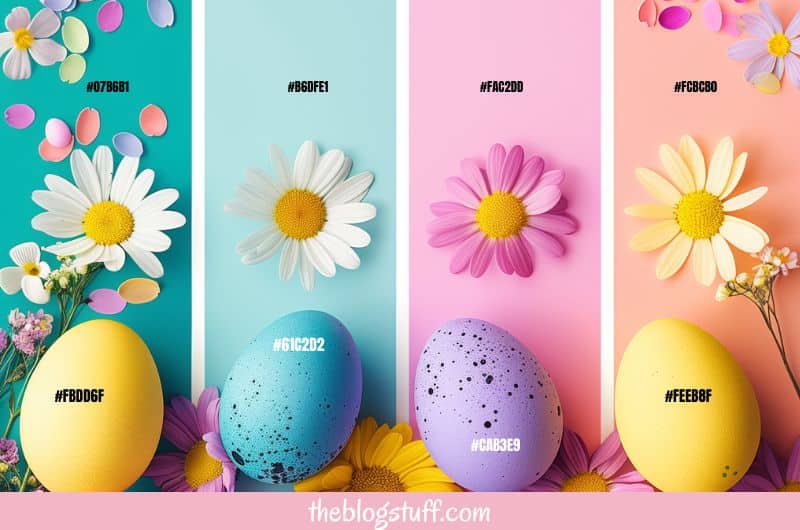 Big Easter eggs with pastel colors and daisies on top of the eggs