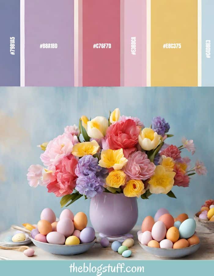 Yellow, pink, coral, blue, and lavender flowers on a vase witth Easter eggs on bowls