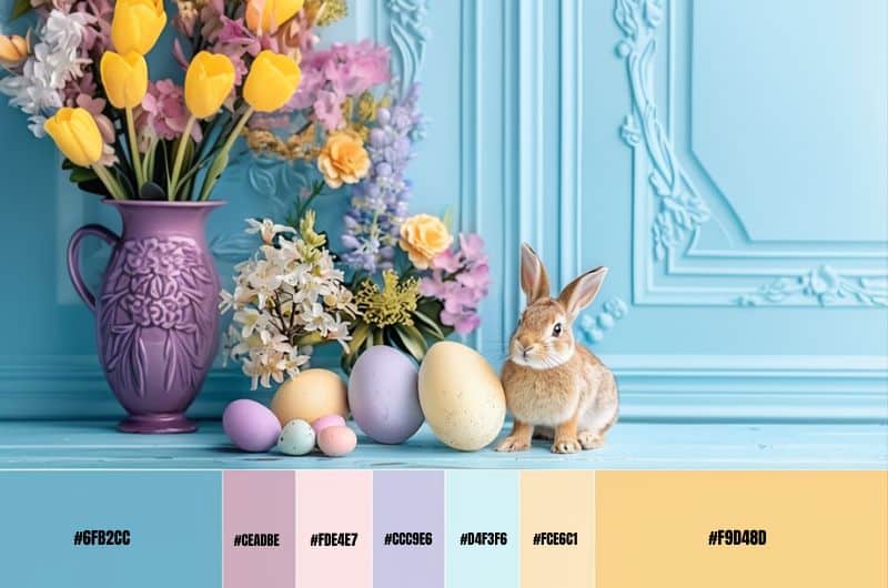 A purple vase with flowers, a bunny and Easter eggs over a blue background