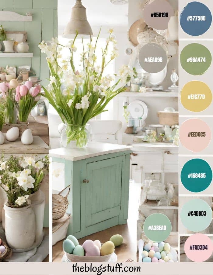 Farmhouse Easter decorations with flowers, vases and easter eggs