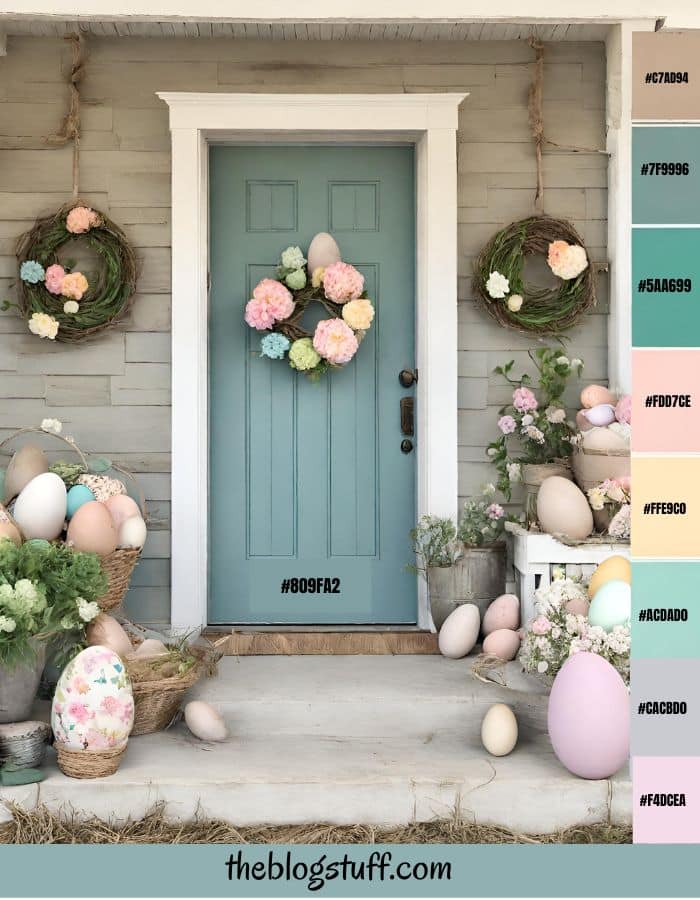 A bliue door decorated with Easter items like wreaths and surrounded by Easter eggs and flowers