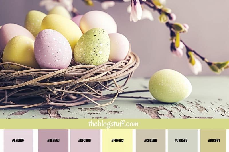 A wicker basket rustic style with pastel Easter eggs 