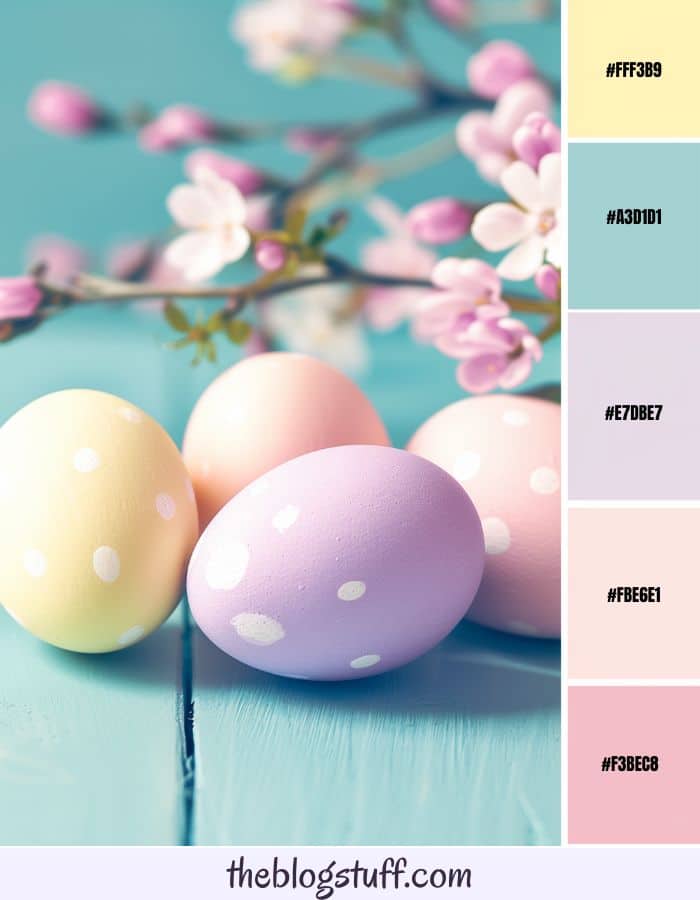 Easter eggs with white dots and pink flowers