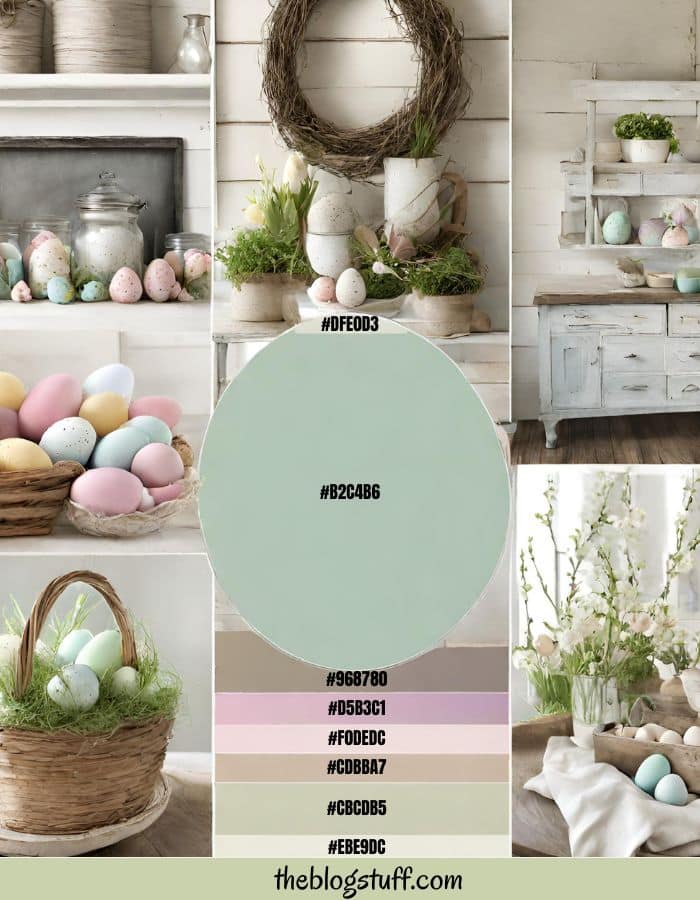 Farmhouse decor with furniture, baskets, vases, flowers and Easter eggs