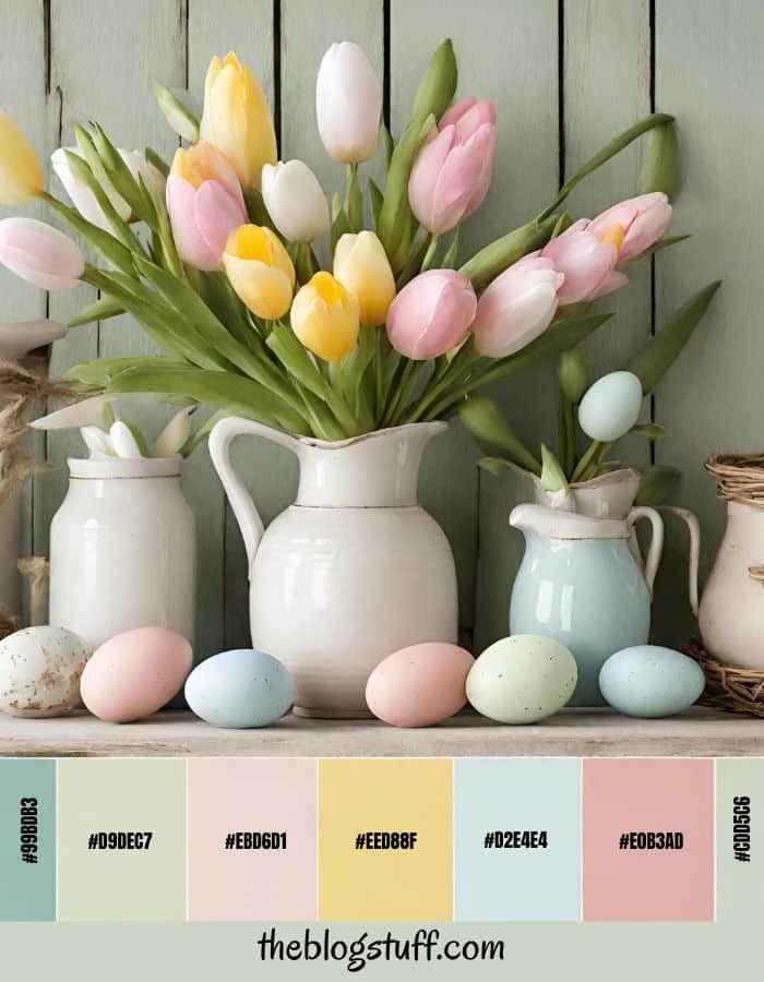 Vases with pastel tulip and Easter eggs with a color palette